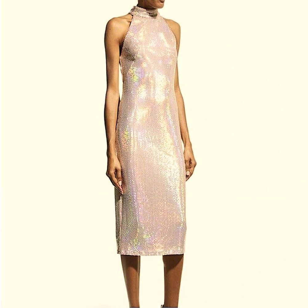 NWT SHO BY TADASHI SHOJI Blush Metallic Halter Midi Dress Iridescent Sequin Sz.S